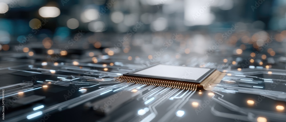 Poster detailed circuit board features a prominent chip and complex pathways with a clean, crisp background