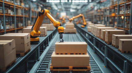 Naklejka premium Automated robotic arm industrial warehouse conveyor, cardboard box, modern logistics, efficient, organized, bright, technology