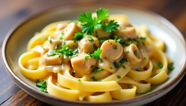Stroganoff served atop buttered noodles with fresh parsley sprinkled on top 