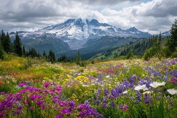 Fototapeta premium Lush meadow with wildflowers, snow-capped mountain backdrop
