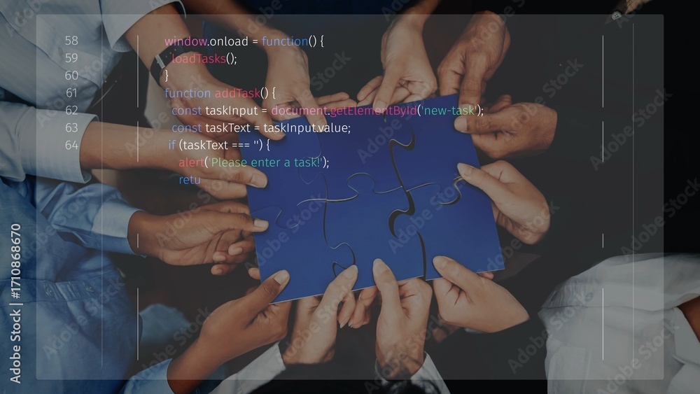 Poster a dynamic image showcasing a group of diverse hands working together to assemble a puzzle, represent