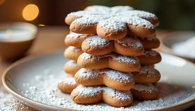 Swiss Basler L&auml;ckerli spiced gingerbread cookies stacked on plate with powdered sugar dusting 