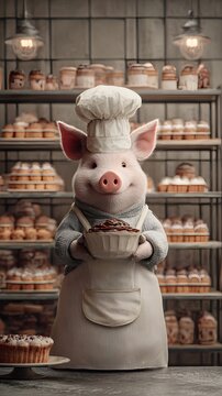 Whimsical illustration of a pig dressed as a baker, holding a bowl of chocolate in a bakery full of bread and pastries. Cute anthropomorphic animal chef character, perfect for children&rsquo;s stories, fant