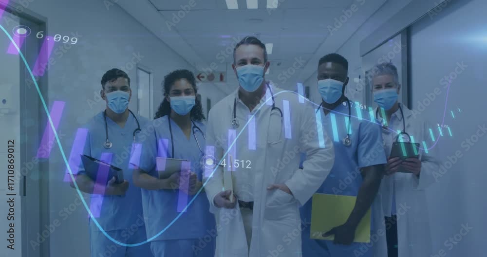 Poster medical team standing in corridor as live data feed animating faded chart overlay tracking metrics