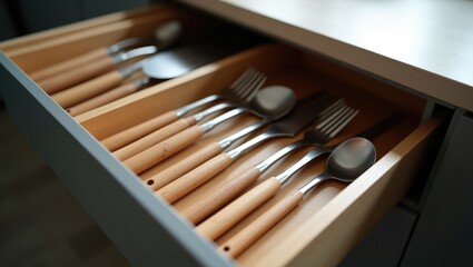 Naklejka premium Drawer with neatly arranged kitchen utensils using dividers
