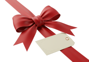 Luxurious red satin bow with crisp white edges and a premium cream gift tag, meticulously tied and angled on a transparent background with shadowless studio lighting, commercial product concept