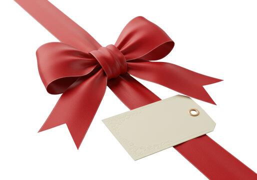 Luxurious red satin bow with crisp white edges and a premium cream gift tag, meticulously tied and angled on a transparent background with shadowless studio lighting, commercial product concept