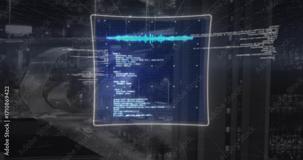 Poster city grid overlay emerging causing hud rotating panels sliding dashboard expanding for insights