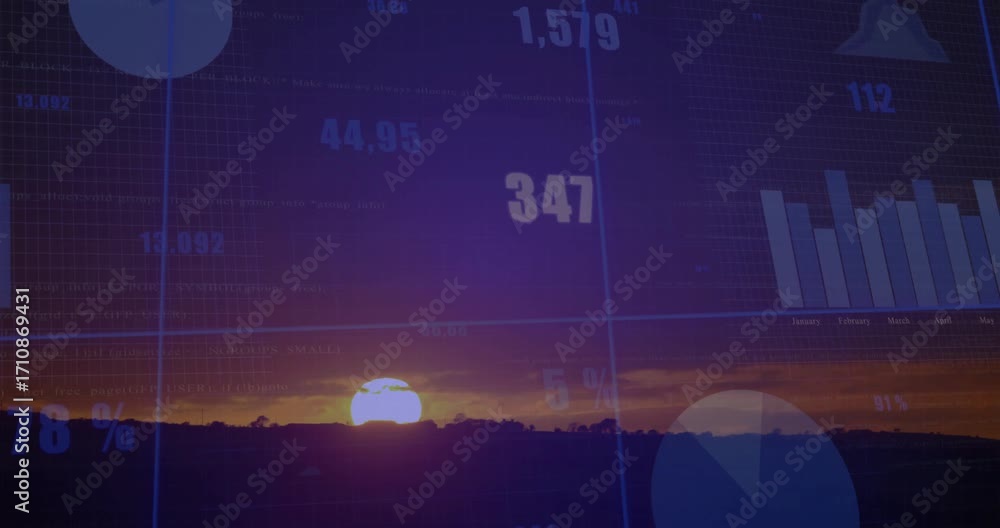 Poster sun sinking initiating ui showing bars rising counters changing pie forming showing trends