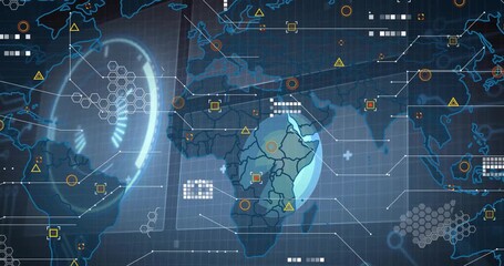 Overlaying radar on map, UI chart expanding panning Africa spotlighting Madagascar monitoring - Powered by Adobe