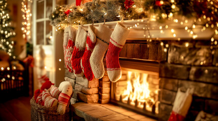 fireplace in the living room decorates Christmas tree. Christmas holiday