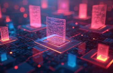Abstract digital network with glowing red, blue info. Data streams between interconnected processing units on circuit board. Future tech concept for secure global data exchange, computation, AI. Fast