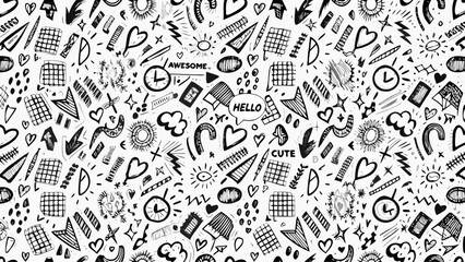 Punk doodle scribbles seamless pattern. Kid's drawings, hand drawn childish funky shapes, crayon drawn squiggles and scrawls. Creative abstract vector messy doodles background. Quirky scribbles.