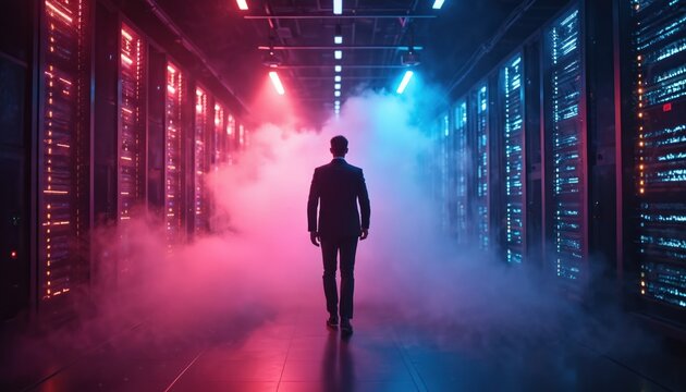 Man in suit walks in server room with neon lights, smoke. IT worker inspects data center. Guy goes inside datacenter with equipment, racks. Storage hardware concept. System administrator at work.