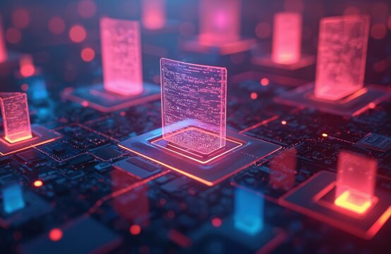 Abstract digital network with glowing red, blue info. Data streams between interconnected processing units on circuit board. Future tech concept for secure global data exchange, computation, AI. Fast