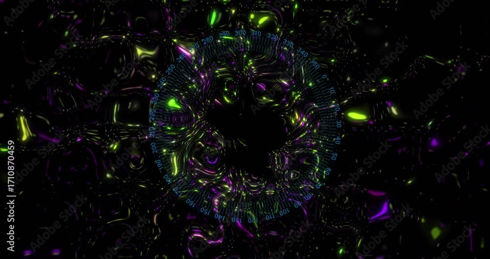 Poster on start, neon shapes forming pulsing ring around rotating compass scale visualizing directions