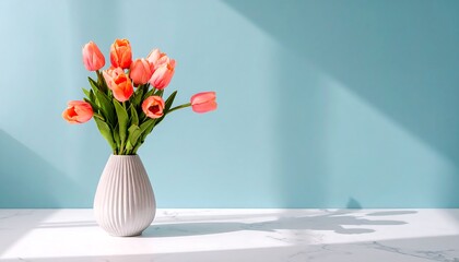 Coral tulips in a vase, sunlit