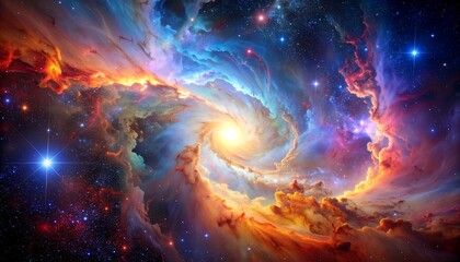 A vibrant cosmic swirl showcases a bright core surrounded by swirling nebulas and distant stars, evoking wonder