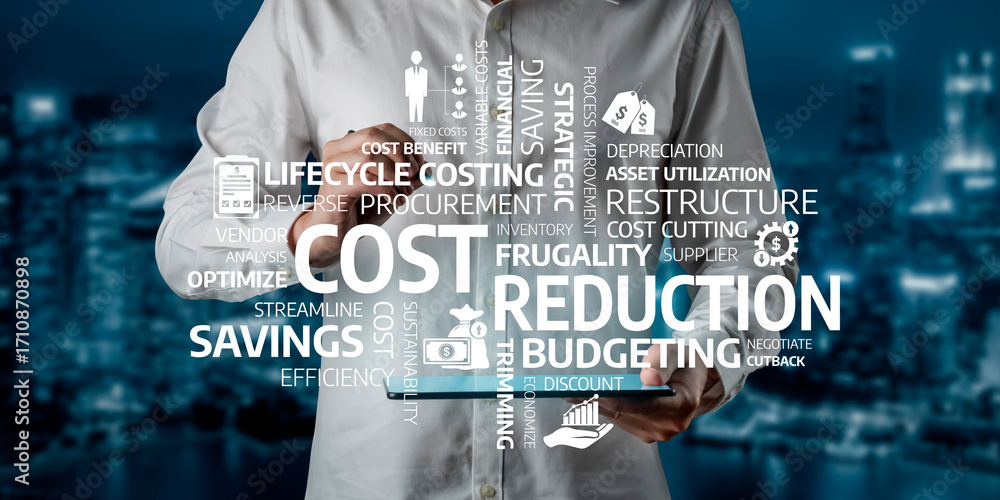 Poster explore vital cost reduction strategies and budgeting concepts depicted through modern graphics in a