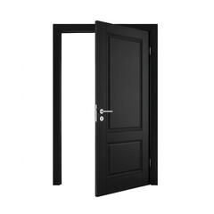 Modern dark gray interior door with silver handle opens to darkness transparent background