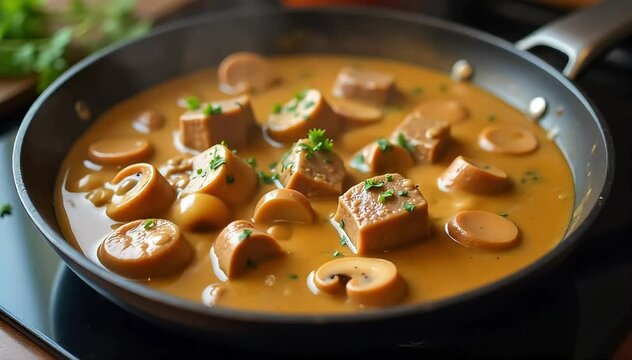 Tender strips of beef simmering in creamy mushroom stroganoff sauce on stove 
