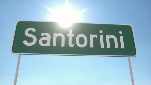 Road Sign Pointing to Santorini Island Under Bright Summer Sun