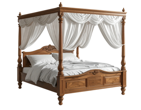 Serene Rest Canopy Bed with Elegant Curtains PNG Isolated