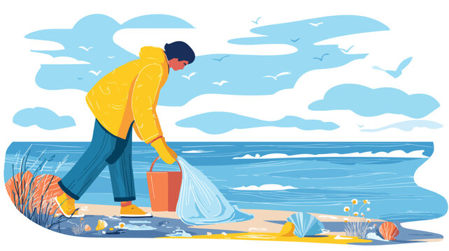 Eco-Friendly Activist Cleaning Beach, Environmental Conservation Concept