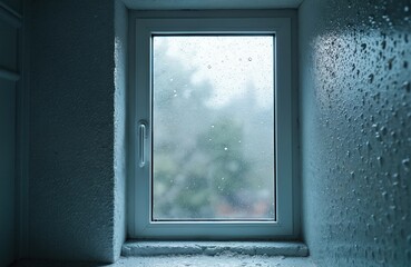Naklejka premium Condensation covers a windowpane on a rainy day, outside blurred trees are visible. Water droplets stream down interior walls near the window. Cold, damp atmosphere.
