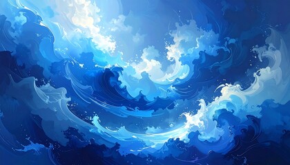 A vibrant depiction of powerful ocean waves, showcasing a dynamic interplay of blues and whites, creating a sense of vastness and energy.