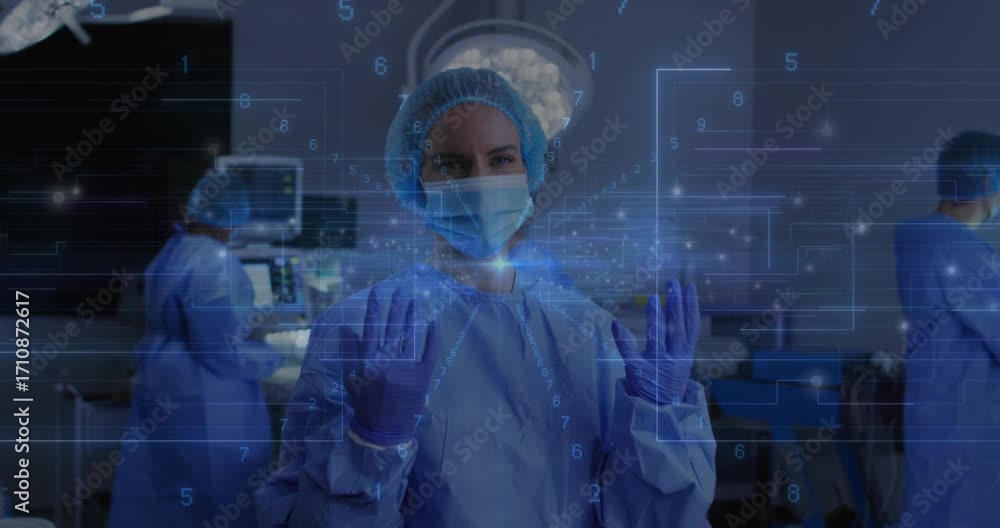 Poster surgeon raising hands manipulating hologram while team checking vitals and prepping instruments