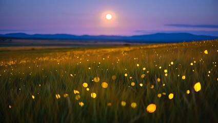 Enchanting meadow at twilight with fireflies and a radiant full moon