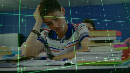 Teenage boy writing in classroom while green grid overlay scanning notebook for data analysis - Powered by Adobe