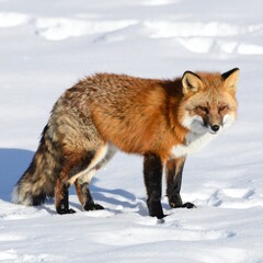 Obraz premium Wild Red Fox with Fluffy Tail Standing on Snow Field for Premium Animal Object and Wildlife Concept