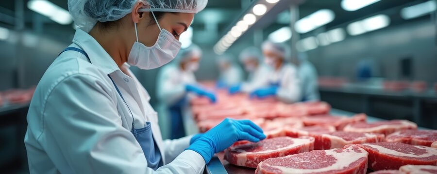 Worker in protective uniform, mask, gloves handles fresh raw beef steaks on processing line. Colleagues work with meat in background. Clean industrial food production facility maintains hygienic - Powered by Adobe
