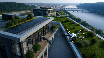 Drone shot of rooftop assembly visualized with AR solar panels and green roofs.