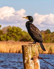 Cormorant perched on a wooden post by a river