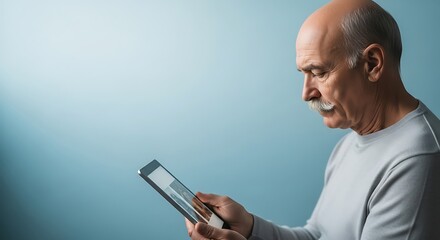 Elderly man with a mustache looking at a tablet computer with a blue background.