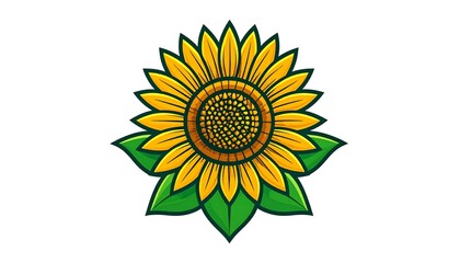 Vibrant sunflower design, with bright yellow petals and green leaves, set against a stark white background.