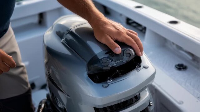 Closeup of hands securely mounting a sleek outboard motor onto a fiberglass boat hull highlighting detailed craftsmanship and ecofriendly engine design.