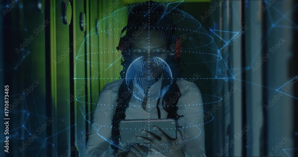 Poster network engineer powering tablet and swiping in data center, displaying 3d data monitoring globe