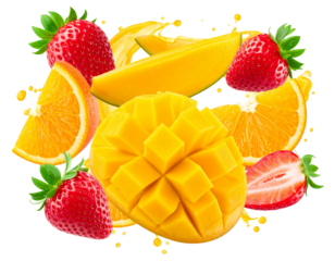  Tropical Fruit Explosion with Mangoes, Oranges, and Strawberries Isolated PNG