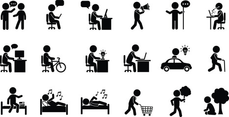 Black silhouette icons of people in daily activities, communication, work, leisure, transportation, creativity, shopping, rest, lifestyle, modern life, interaction