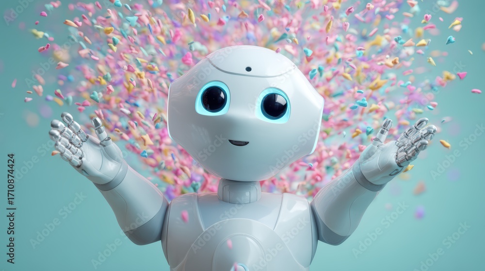 Poster a cheerful robot with a friendly expression surrounded by colorful confetti, symbolizing joy and cel