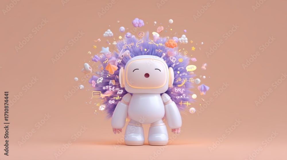 Poster a cute robot character with vibrant purple hair, surrounded by colorful elements representing creati