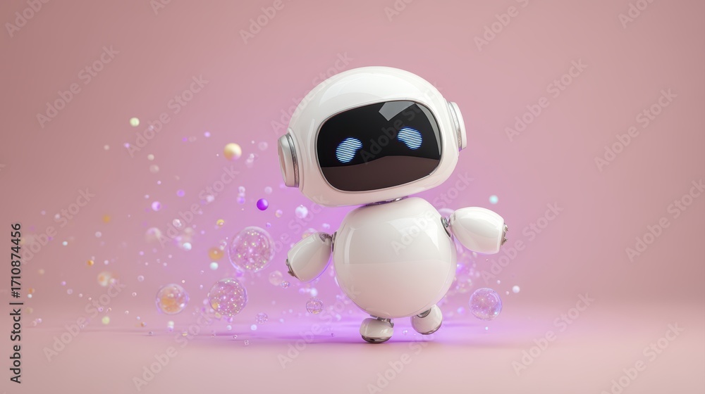 Poster a cute, futuristic robot character surrounded by colorful bubbles against a soft pink background, ex