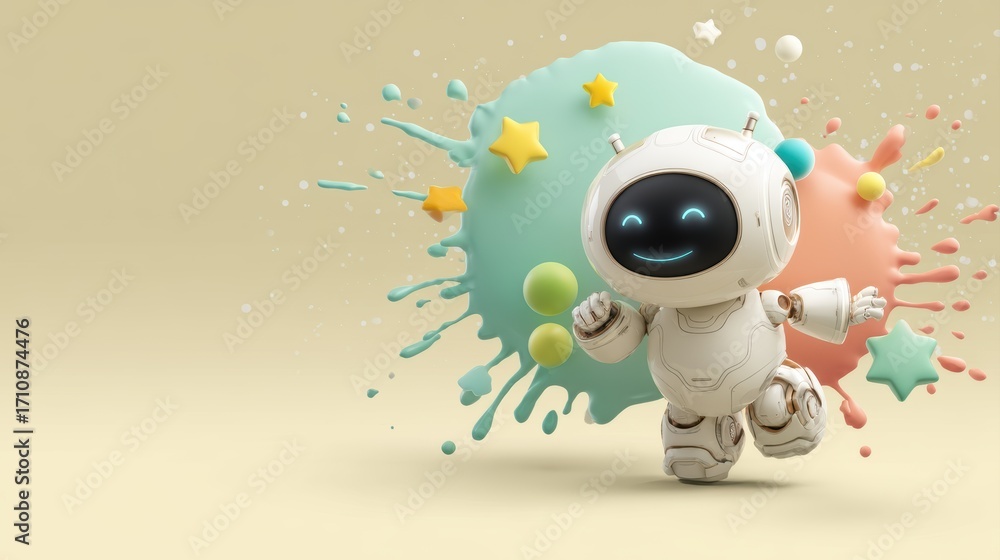 Poster a cheerful robot character runs playfully amidst colorful splashes and stars, creating a whimsical a