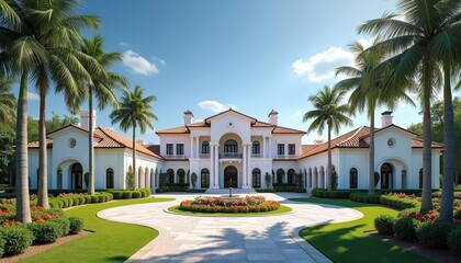 Grand white mansion with red tile roof stands under blue sky. Palm trees line circular driveway with fountain and flower garden. This luxury home features rich green lawn and beautiful landscape.