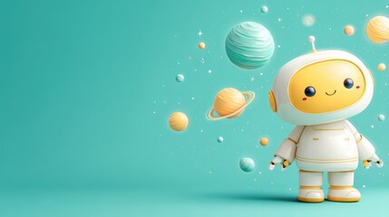 Fototapeta premium A cute robot in a space suit stands against a teal background, surrounded by colorful planets and stars, evoking a whimsical, cosmic theme, cute robot with space for text