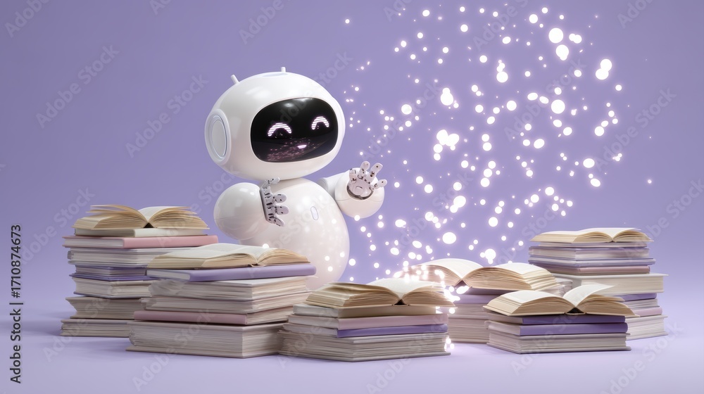 Poster a playful robot interacts with glowing sparkles amidst a stack of books, set against a soft purple b